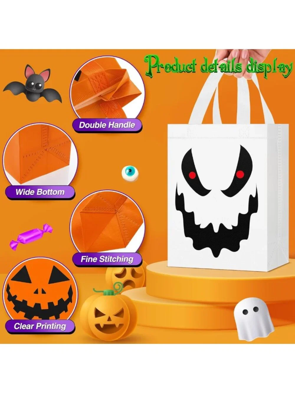 60 Pcs Halloween Treat Bags - Reusable Tote for Kids, Ghosts, Vampires